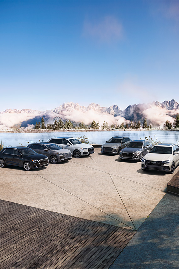 Various Audi models parked in front of a mountain range. 