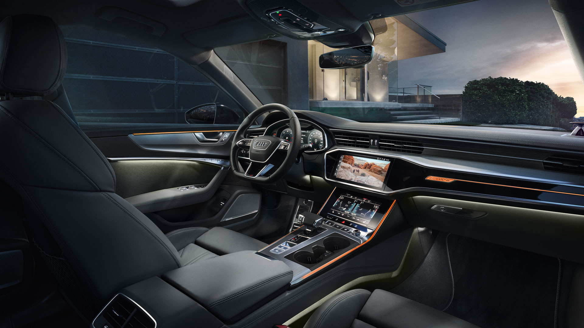 An Audi MMI interior lighting theme that looks like a desert shown within an Audi vehicle. 